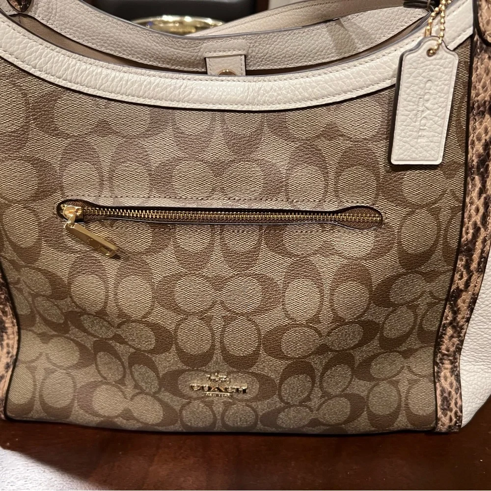 Coach Signature Canvas Hobo in Tan and Cream with Leopard Trim